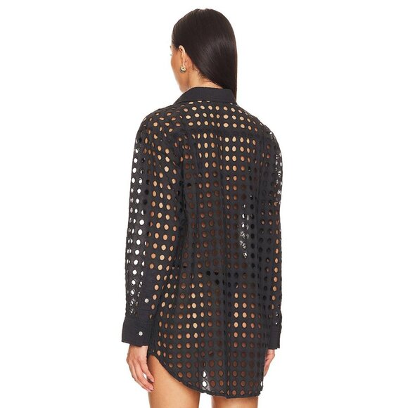 SOLID & STRIPED Black Cotton Eyelet Oxford Tunic Button Up Cover-Up, Size S - Picture 4 of 14